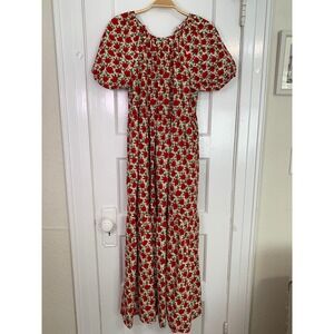 TCEC Maxi Dress Cotton Red Floral Puff Sleeve Tiered Boho Prairie Core / Size M